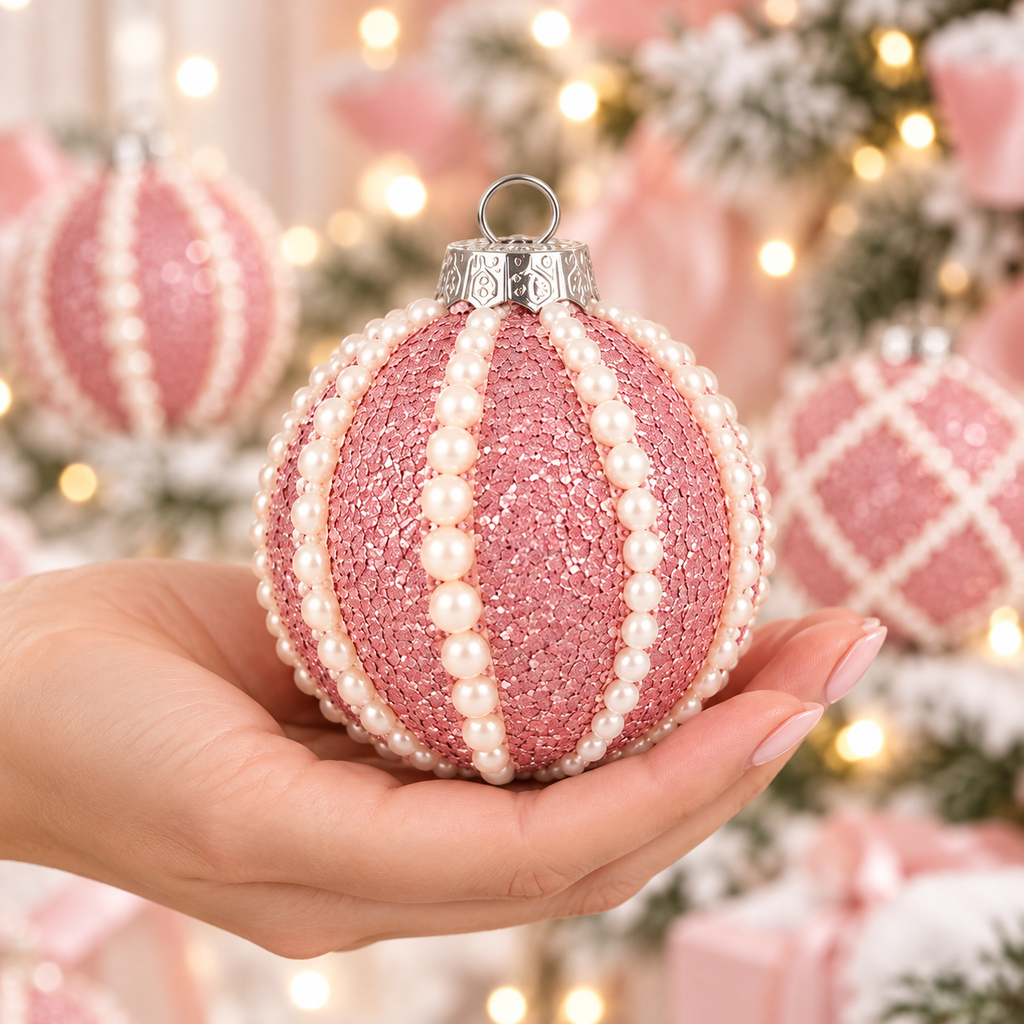 Hand holding a pink glitter Christmas ball ornament with pearl stripes to show its 3.1 inch size