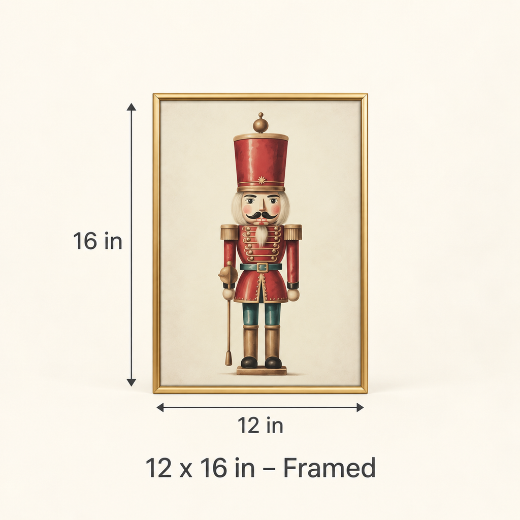 Classic Red nutcracker print, 12 x 16 in framed size guide