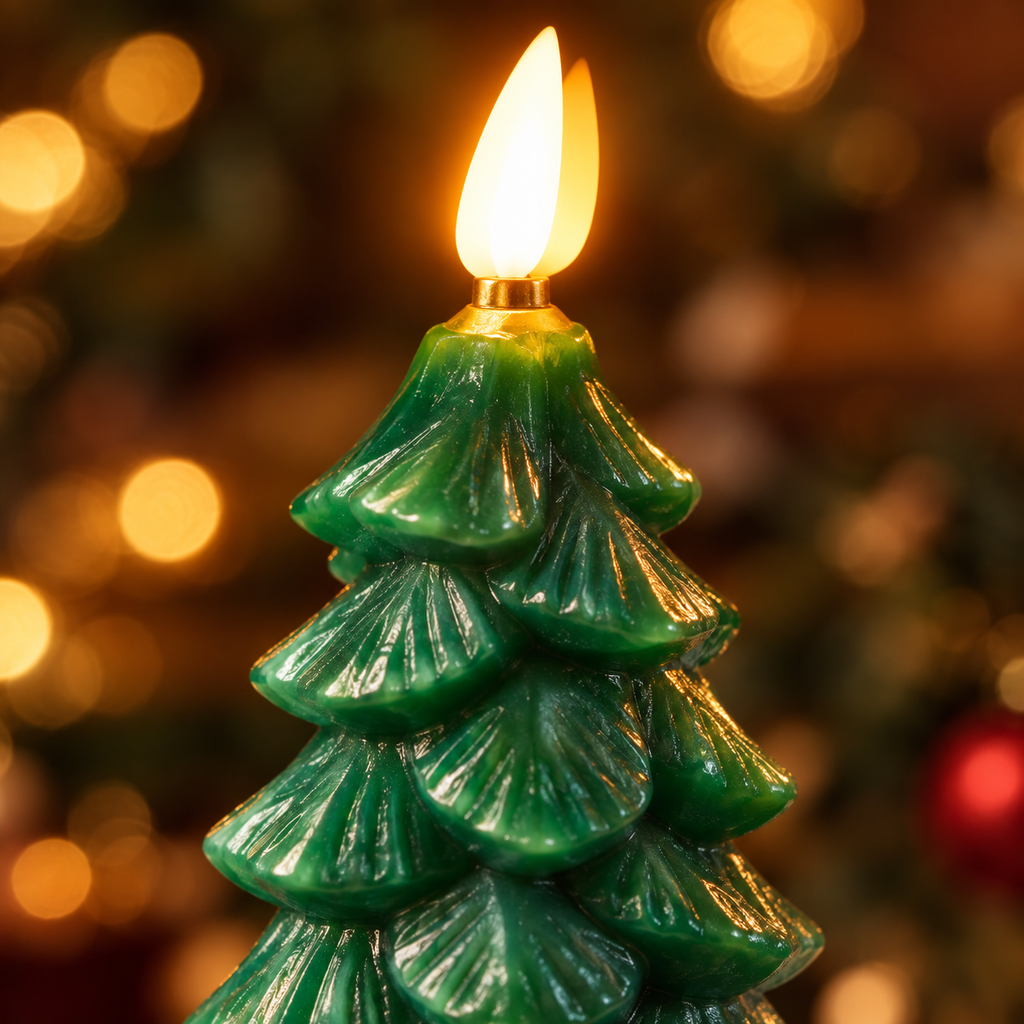 Close-up of the sculpted green wax branches and flickering LED flame on a Christmas tree candle