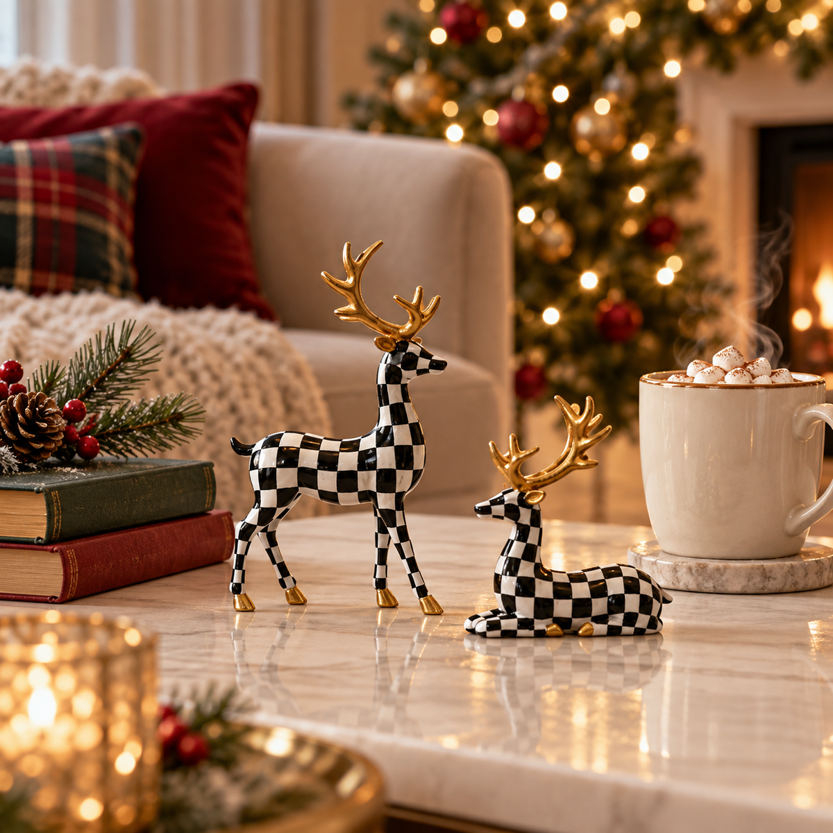 Checkered standing and resting deer figurines on a coffee table beside a mug of cocoa and books
