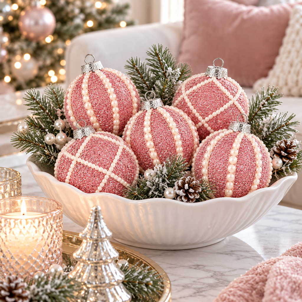 Pink glitter pearl Christmas ornaments in a white bowl with pine sprigs on a coffee table