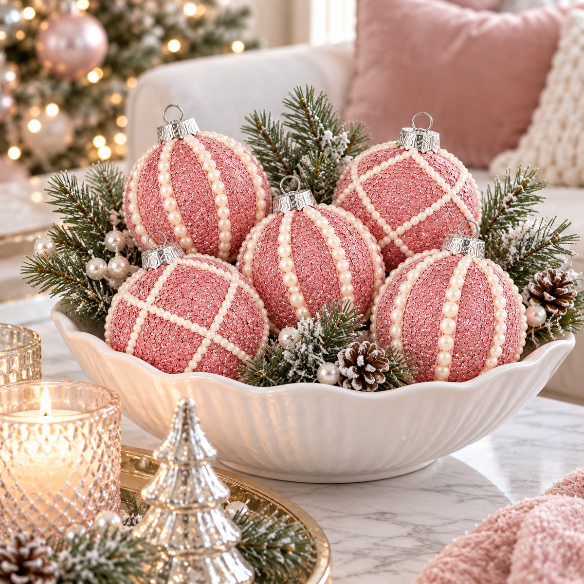 Pink glitter pearl Christmas ornaments in a white bowl with pine sprigs on a coffee table