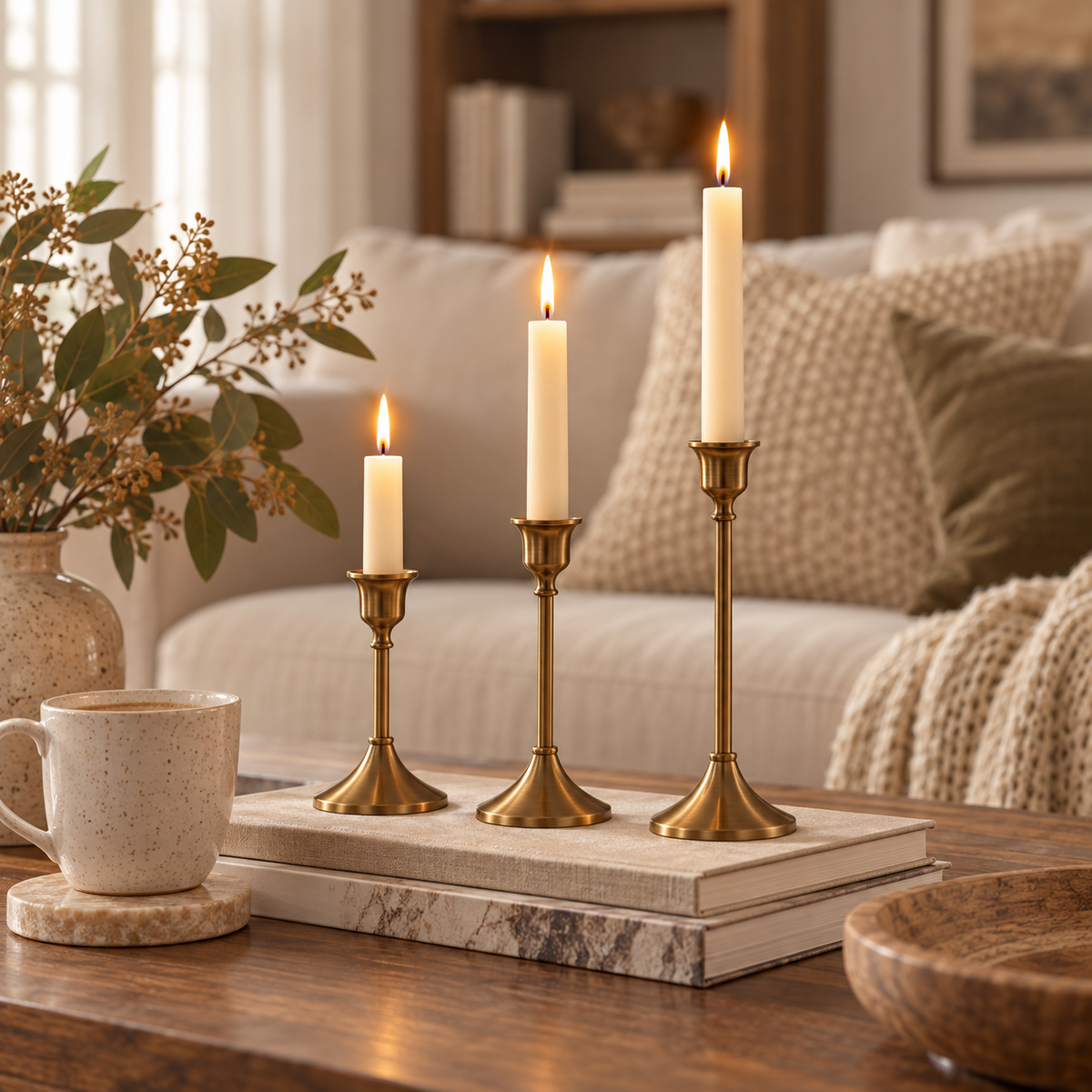 Gold candlestick holders with taper candles on a coffee table in a cozy living room
