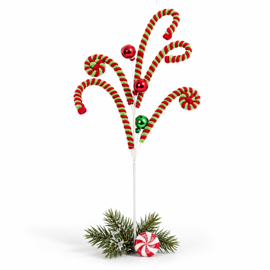 Single curly red and lime green candy cane spray Christmas pick with red and green ball ornaments
