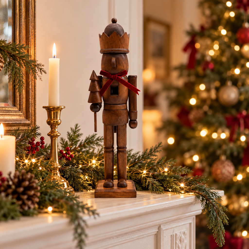 15 inch vintage wooden nutcracker with red bow on a Christmas mantel with pine garland and candles
