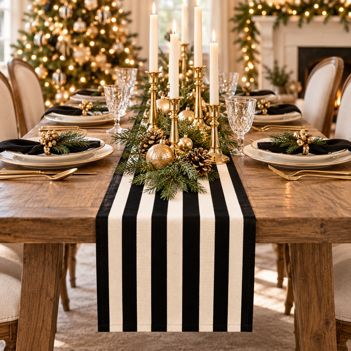 Black and white stripe table runner on a wooden farmhouse dining table set for Christmas with gold candlesticks, white taper candles and pine centerpiece