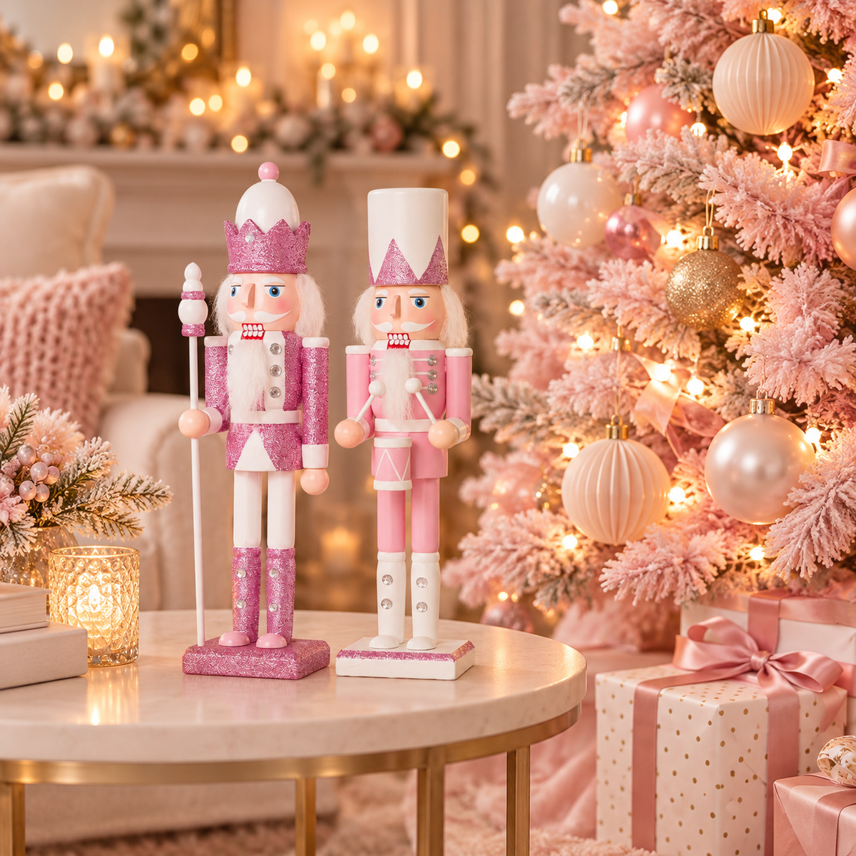 Two pink glitter wooden nutcrackers on a round side table beside a pink flocked Christmas tree with pink and white wrapped gifts