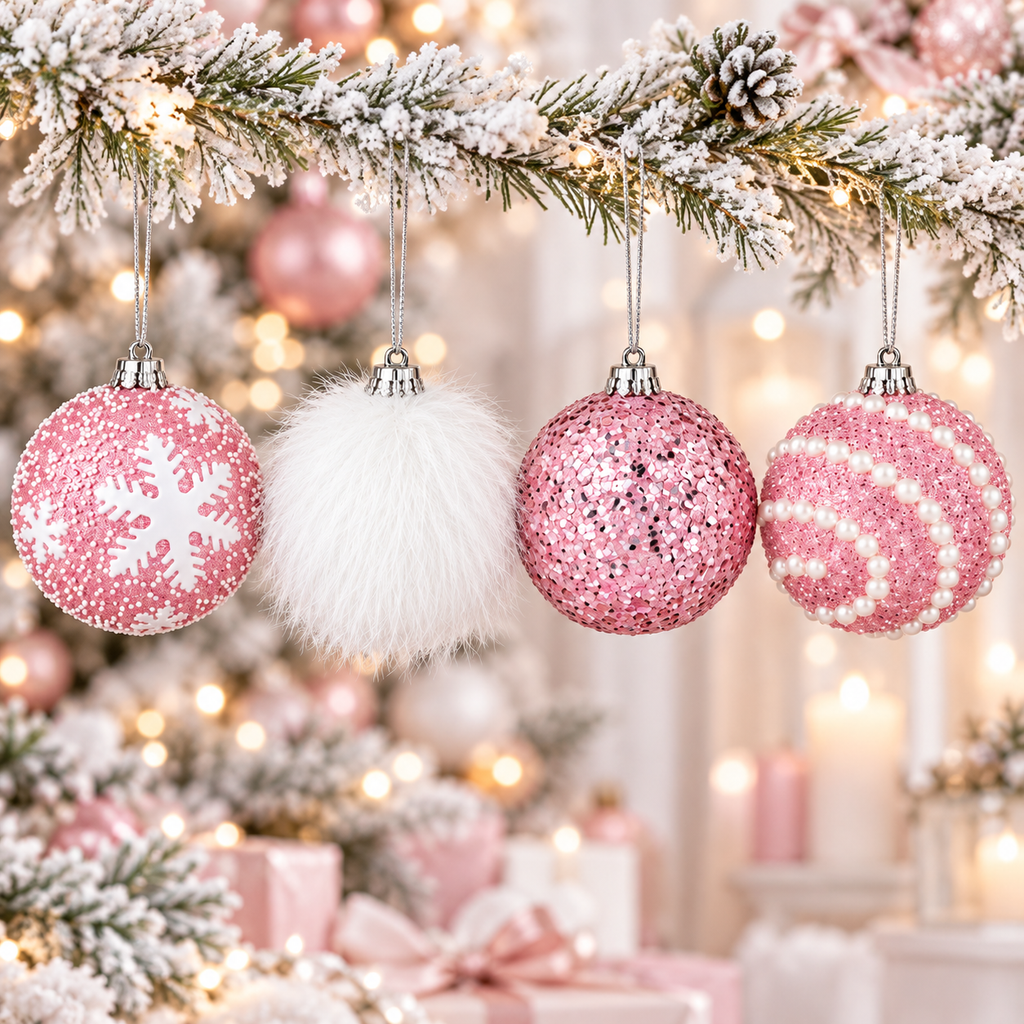 Four styles of pink and white ornaments hanging side by side: snowflake, white plush, sequin glitter and pearl stripe