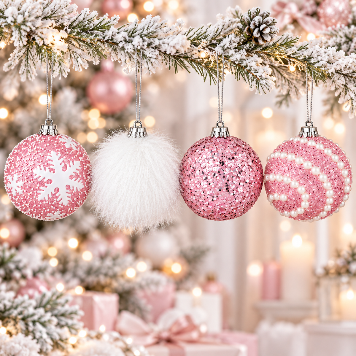 Four styles of pink and white ornaments hanging side by side: snowflake, white plush, sequin glitter and pearl stripe
