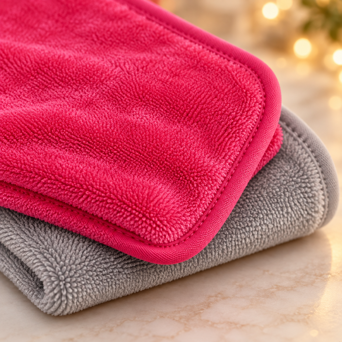 Close-up of plush rose and grey microfiber towel texture