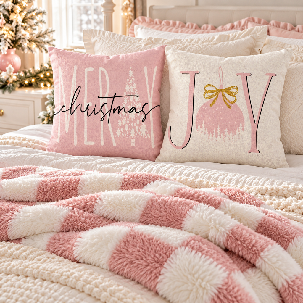 Merry Christmas script and Joy ornament pink pillow covers on a bed with a pink and white checkered blanket