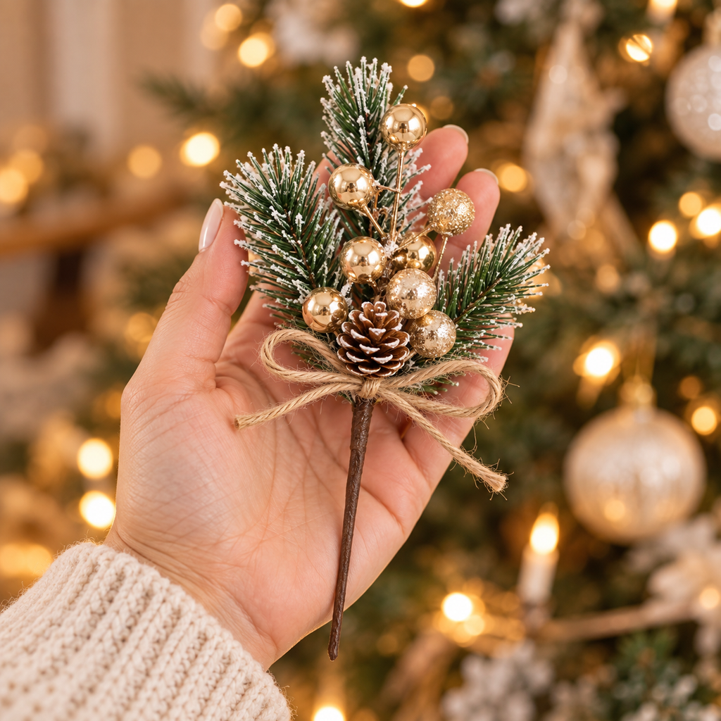 Hand holding a 6.7 inch frosted pine pick with gold berries to show size