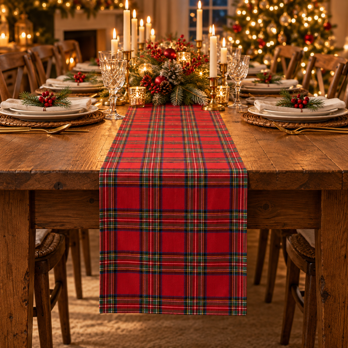 Red tartan plaid Christmas table runner on a rustic wooden farmhouse dining table set for Christmas dinner with candles and pine centerpiece