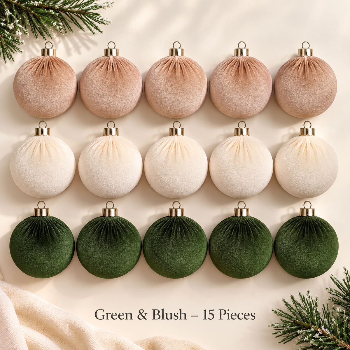 Green and Blush velvet Christmas ornament set, 15 pieces