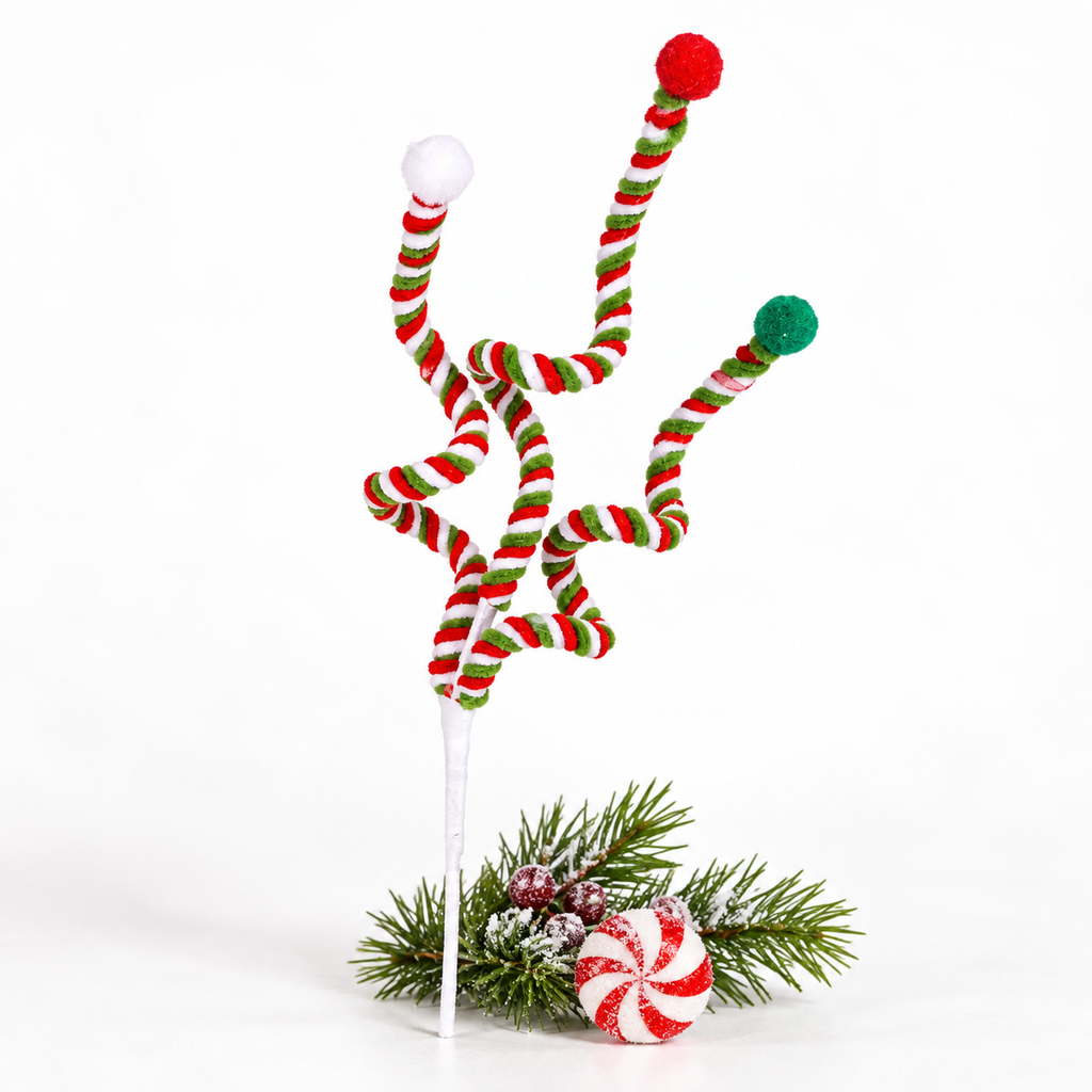 Single twisted red, white and green pom-pom spray Christmas pick
