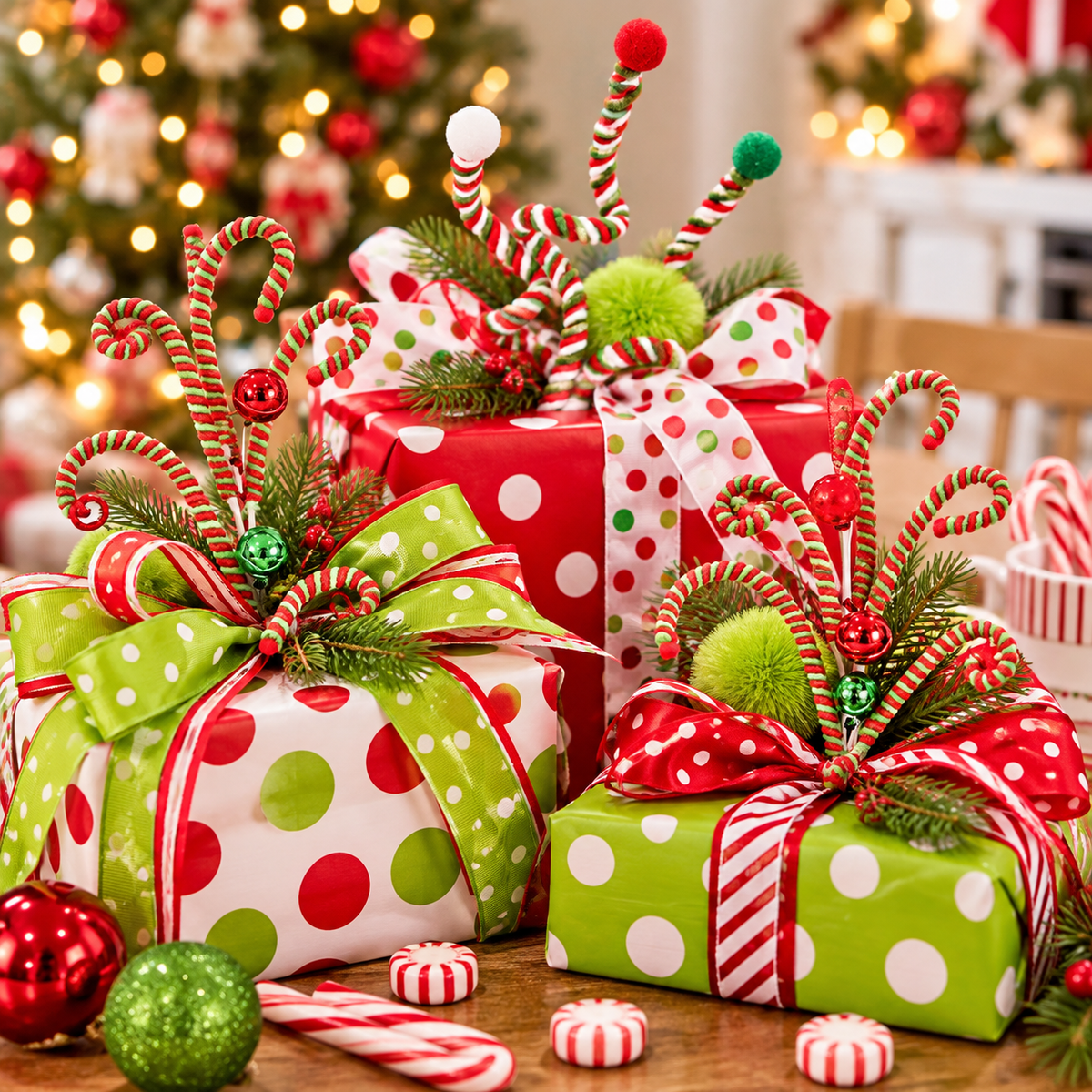 Wrapped Christmas gifts in polka dot paper topped with candy cane picks instead of bows