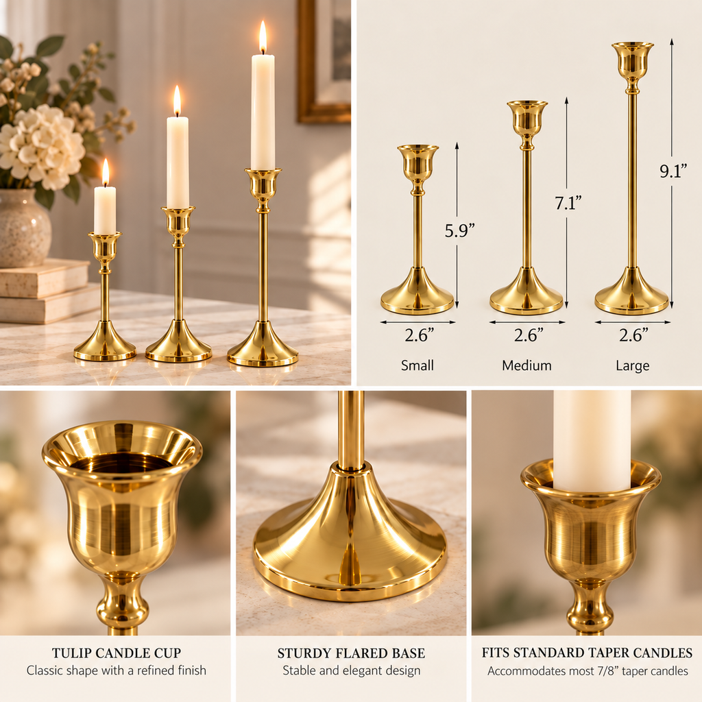 Gold candlestick holder set of 3 with size chart and product details