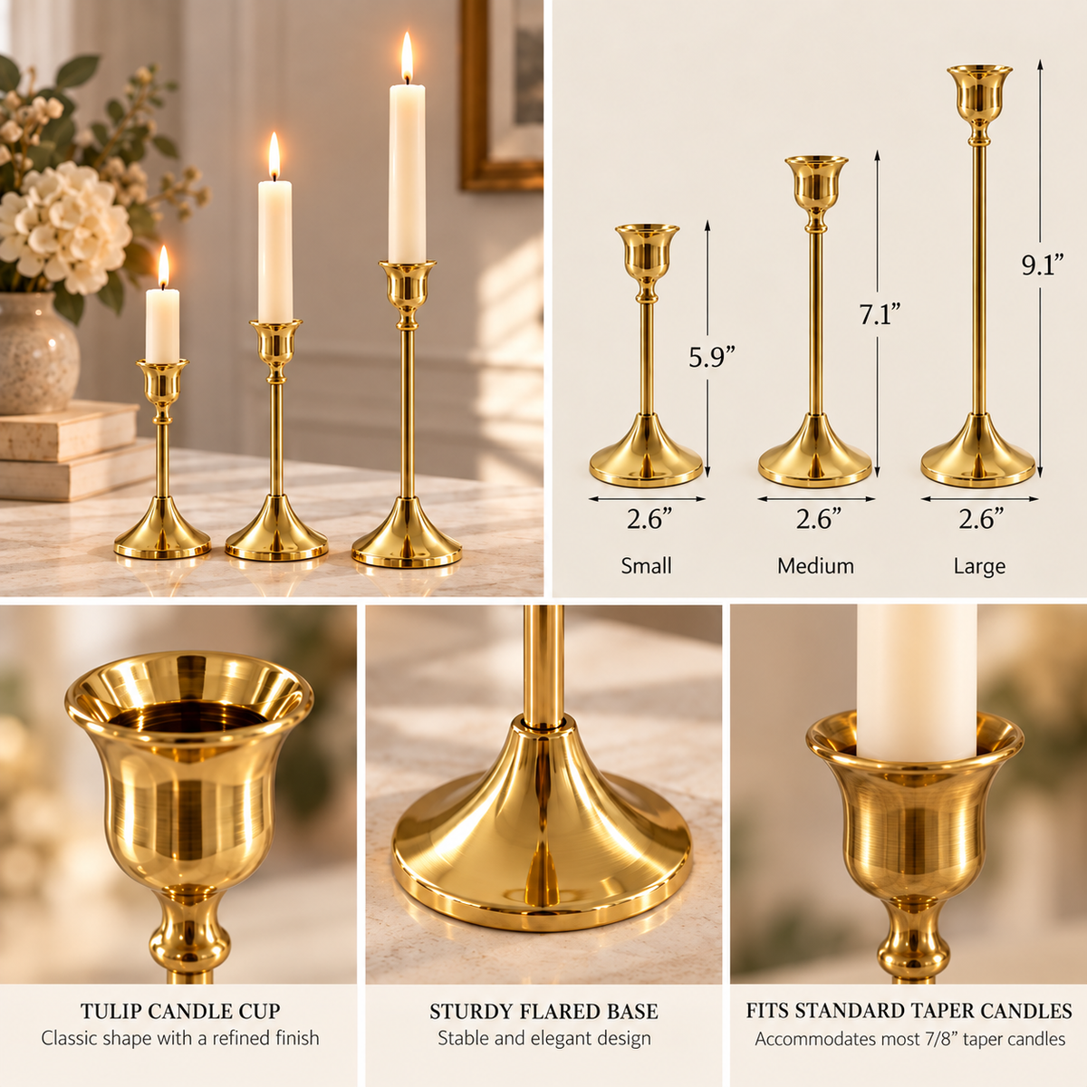 Gold candlestick holder set of 3 with size chart and product details