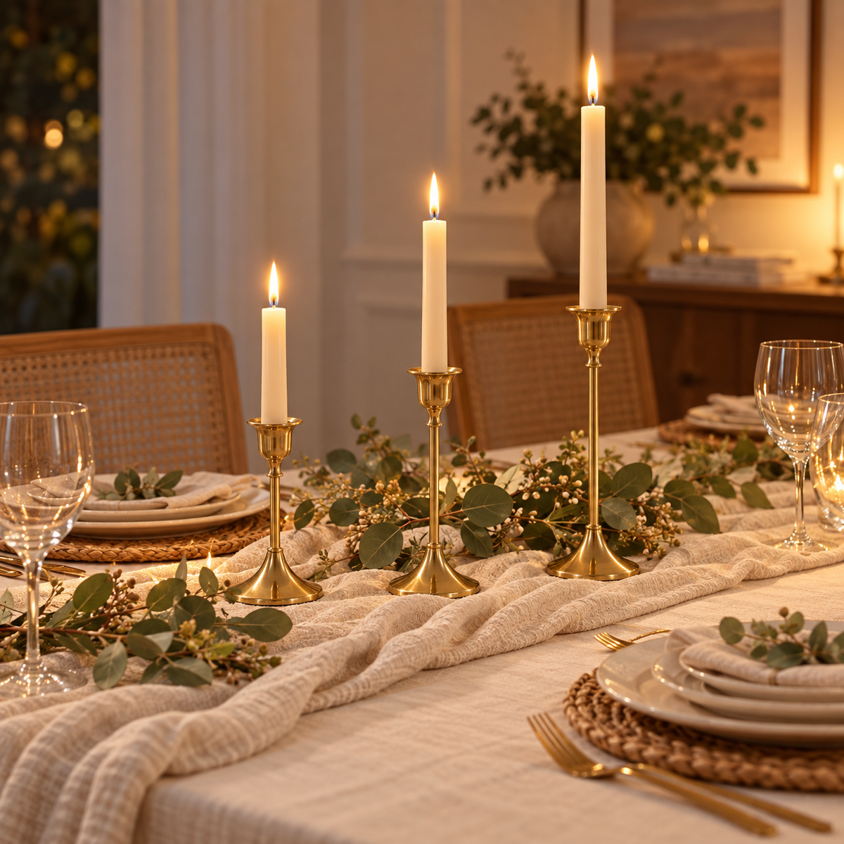 Set of 3 gold taper candlestick holders with lit candles on a holiday dining table