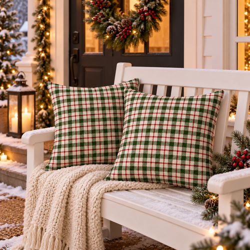 Green and cream check Christmas plaid pillow covers, set of 2, on a white porch bench with a pine wreath