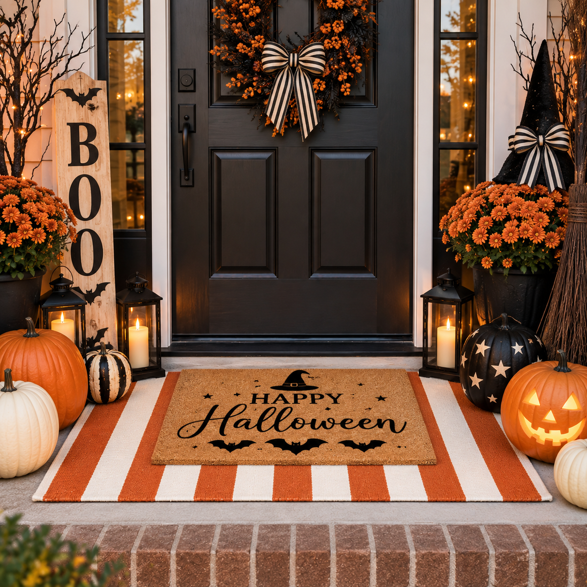 A Halloween-themed front porch scene with a black door, orange and white striped doormat reading “Happy Halloween,” pumpkins, orange flowers, lanterns, a “BOO” sign, and witch hats.