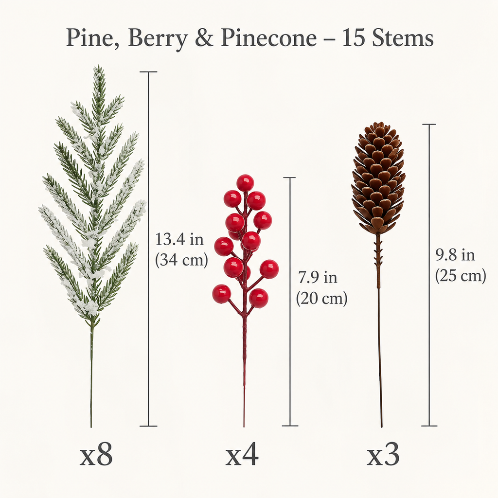 Size chart: Pine, Berry and Pinecone set, 13.4 inch pine stems x8, 7.9 inch berry stems x4, 9.8 inch pinecone stems x3
