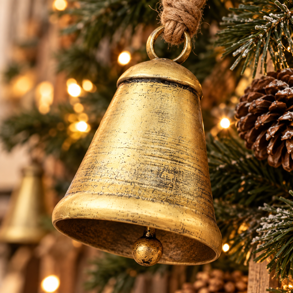 Close-up of an antique gold rustic iron Christmas bell with jute rope