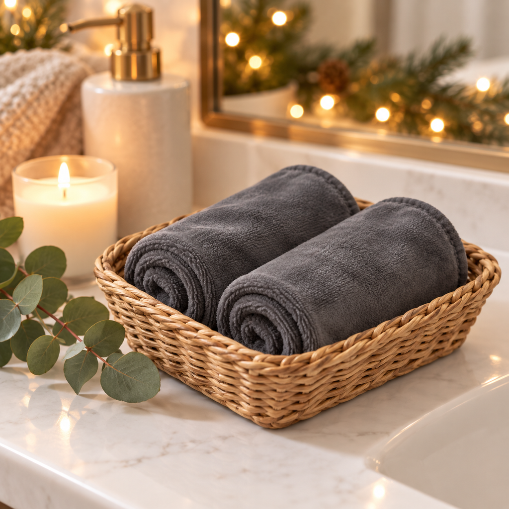 Rolled grey makeup remover towels in a basket with eucalyptus and a candle