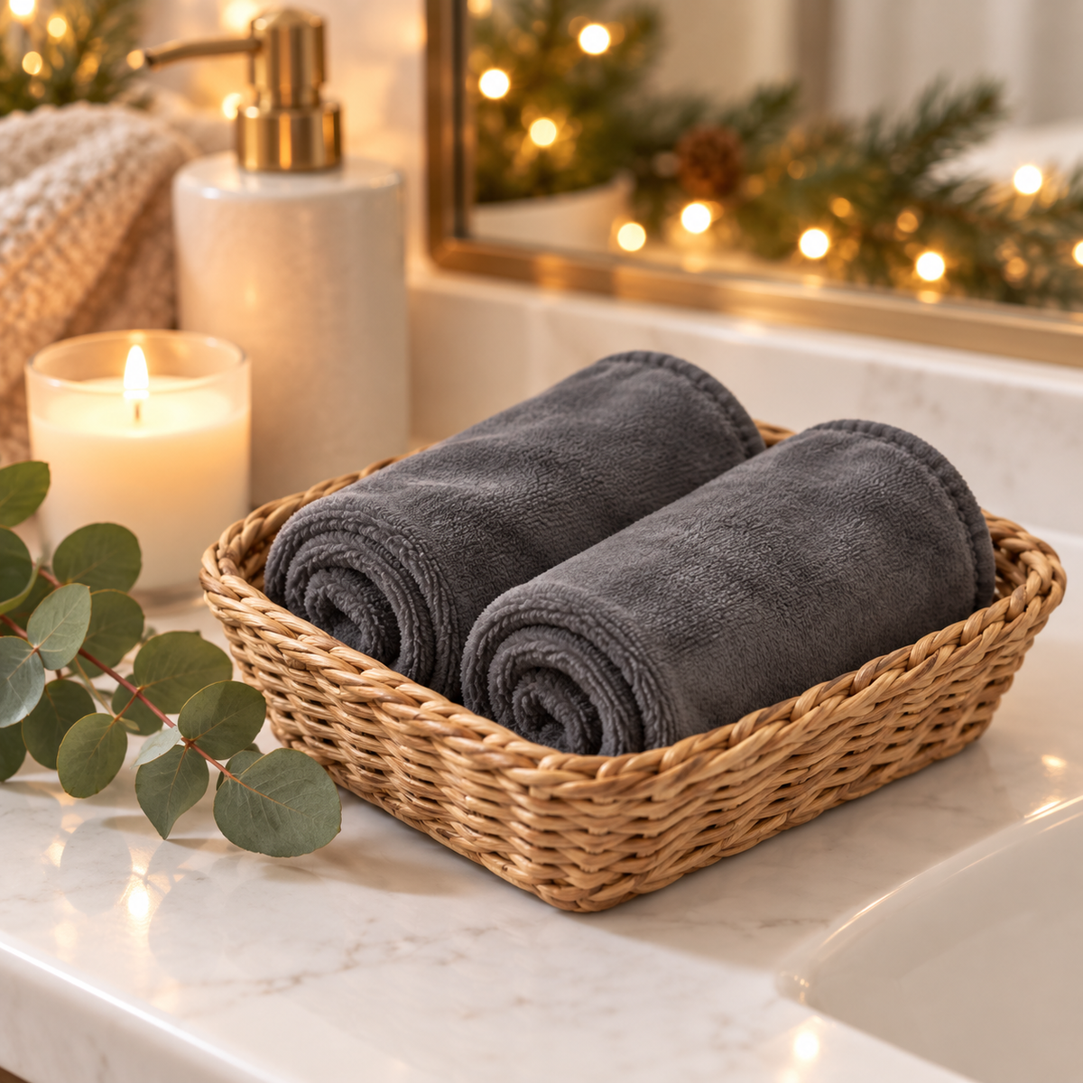 Rolled grey makeup remover towels in a basket with eucalyptus and a candle
