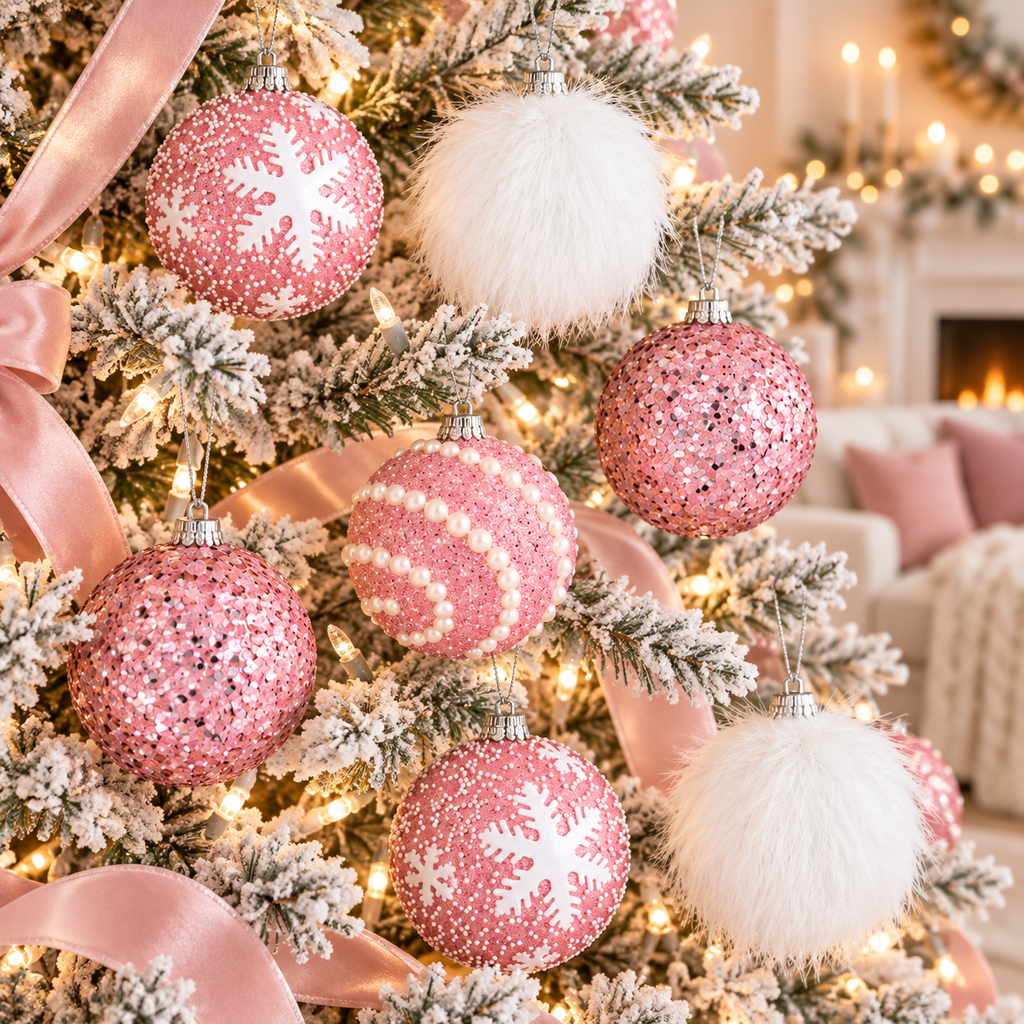 Pink glitter snowflake, white plush, pink sequin and pearl stripe ornaments on a flocked Christmas tree with pink ribbon