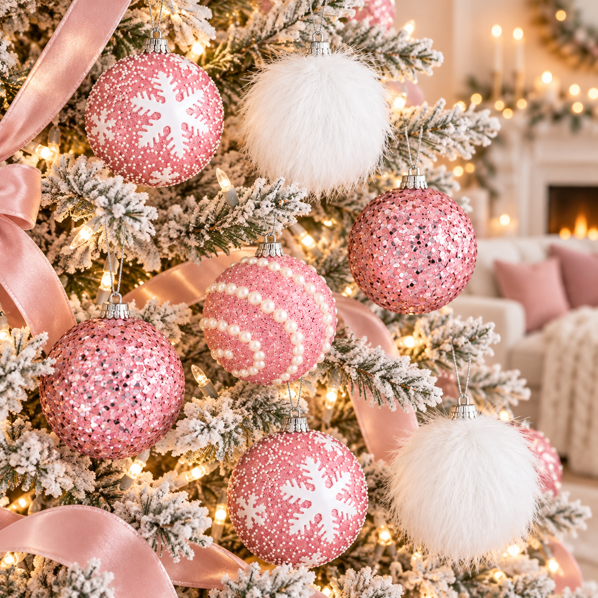 Pink glitter snowflake, white plush, pink sequin and pearl stripe ornaments on a flocked Christmas tree with pink ribbon