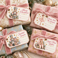 Pastel Nutcracker ballet printable Christmas gift tags tied with blush pink velvet ribbon on pink, cream and blue wrapped presents