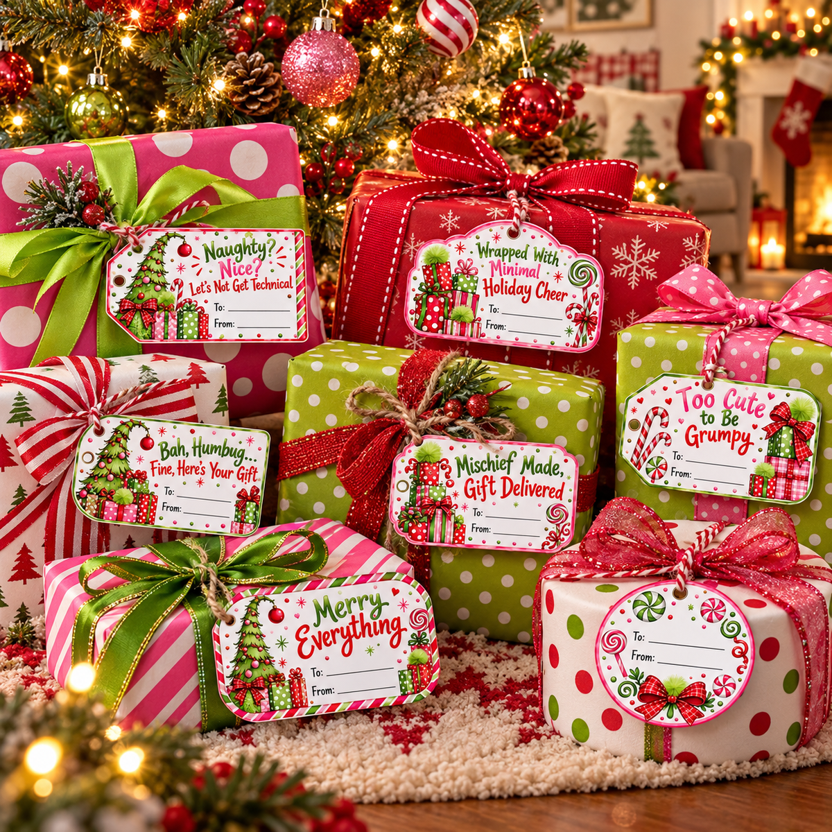 Wrapped Christmas presents under the tree with lime green and pink printable gift tags