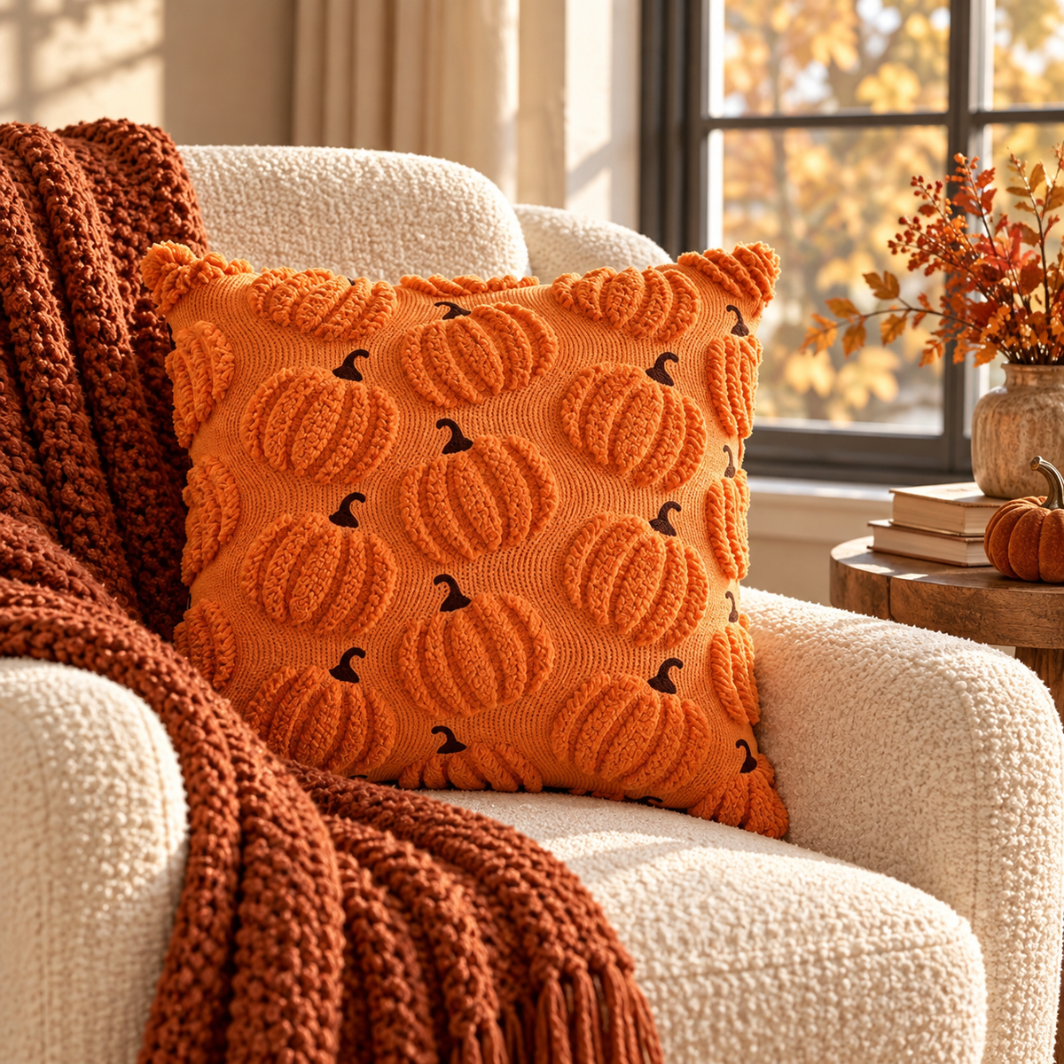 Orange textured pumpkin pillow cover on a cream armchair with a rust knit throw by a window