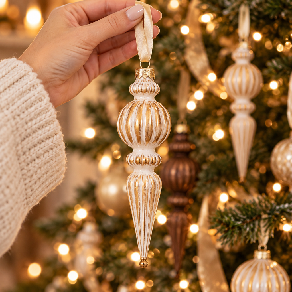 Hand holding a 7 inch cream and gold finial Christmas ornament by its satin ribbon