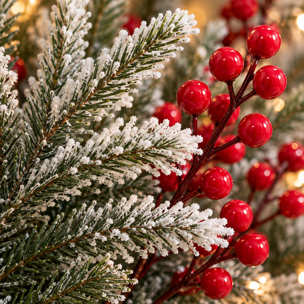 Close-up of frosted Norfolk pine needles with snowy white tips and glossy red berries