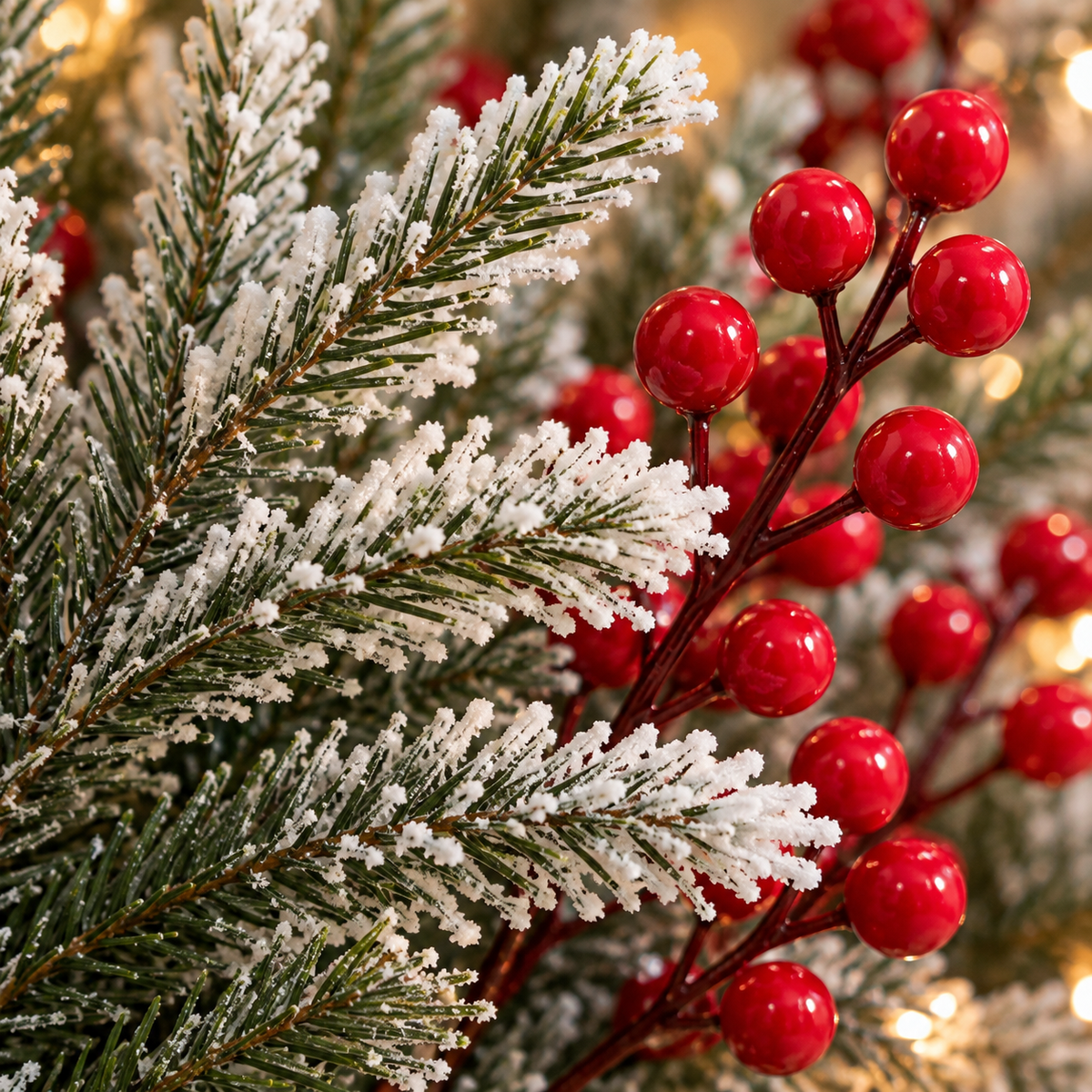 Close-up of frosted Norfolk pine needles with snowy white tips and glossy red berries