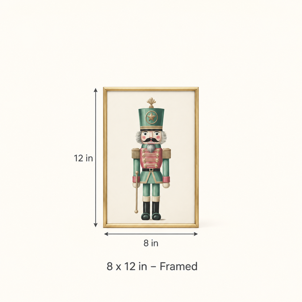 Evergreen nutcracker print, 8 x 12 in framed size guide