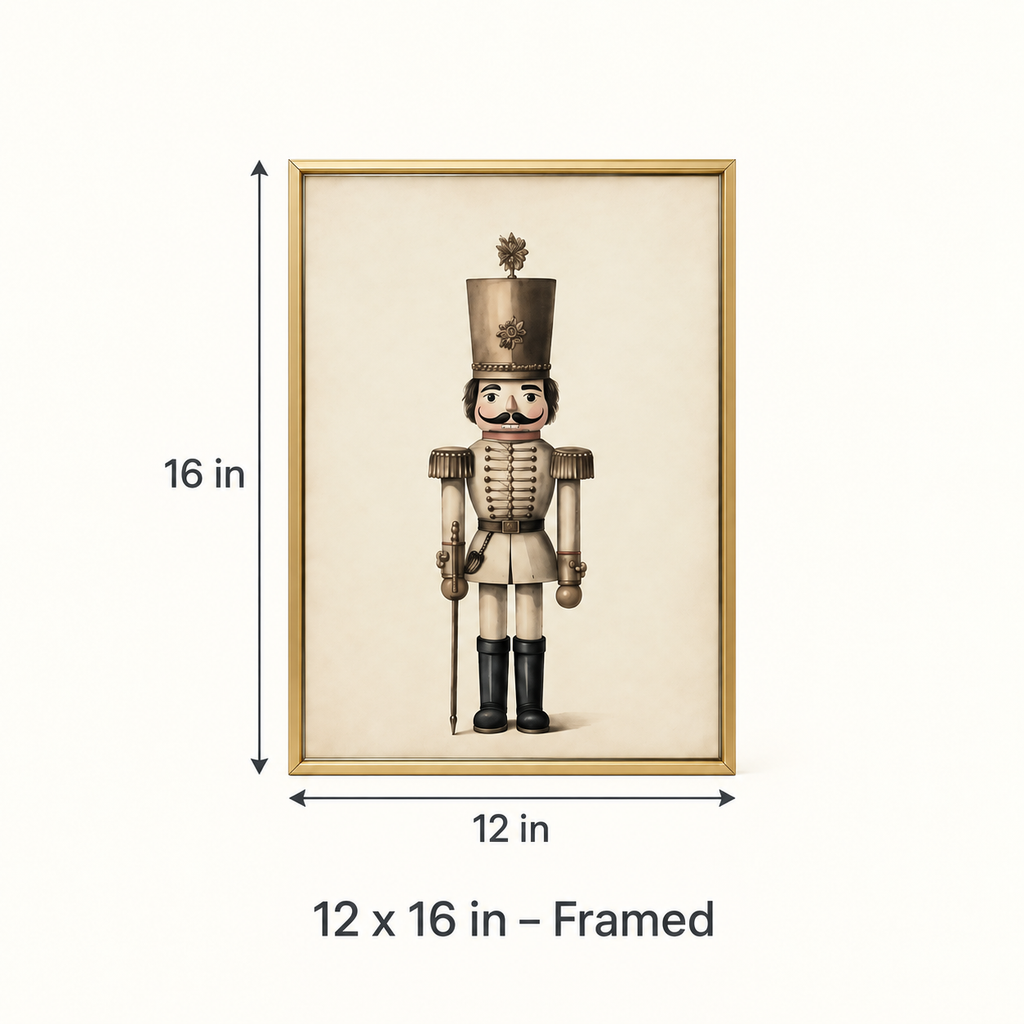 Vintage Neutral nutcracker print, 12 x 16 in framed size guide