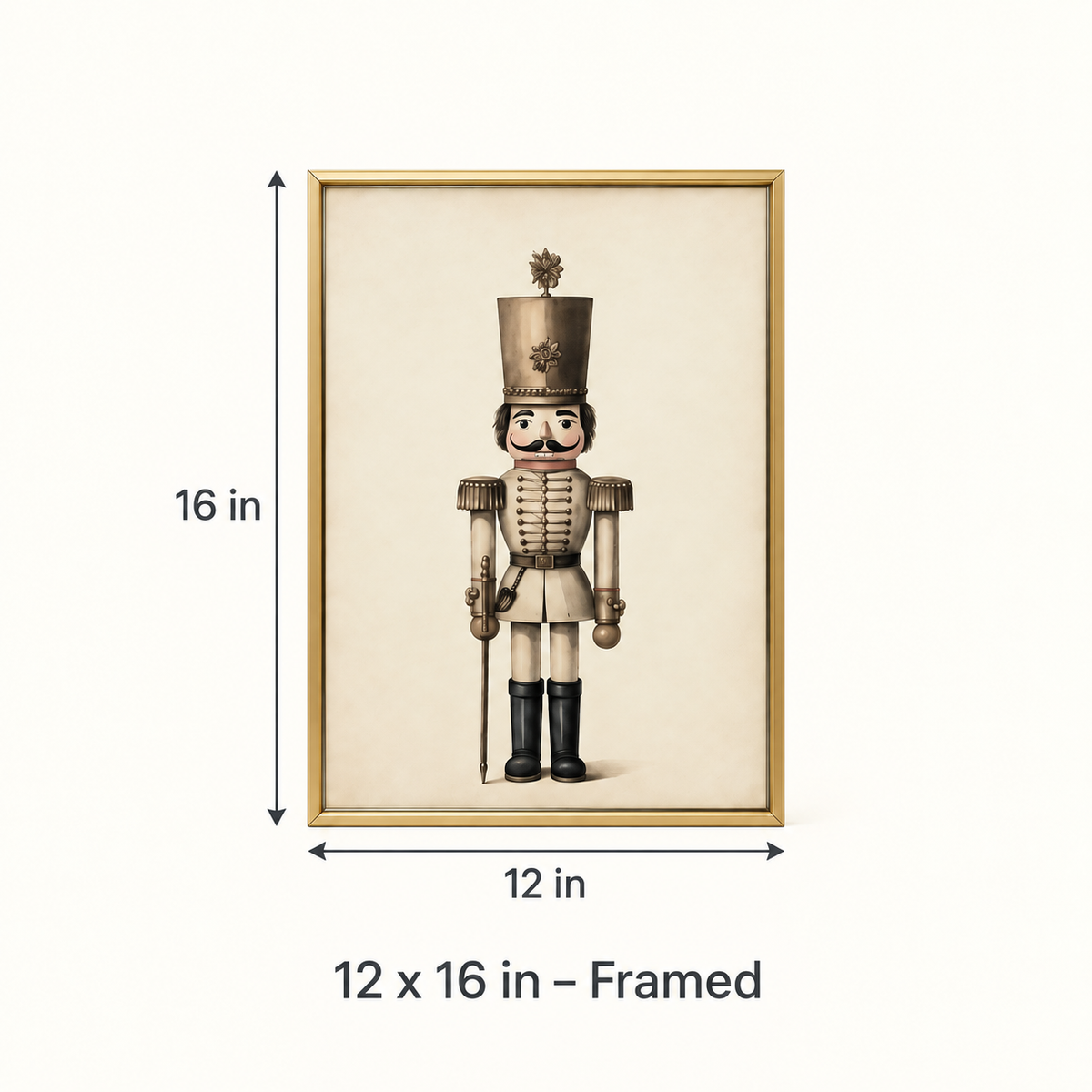 Vintage Neutral nutcracker print, 12 x 16 in framed size guide