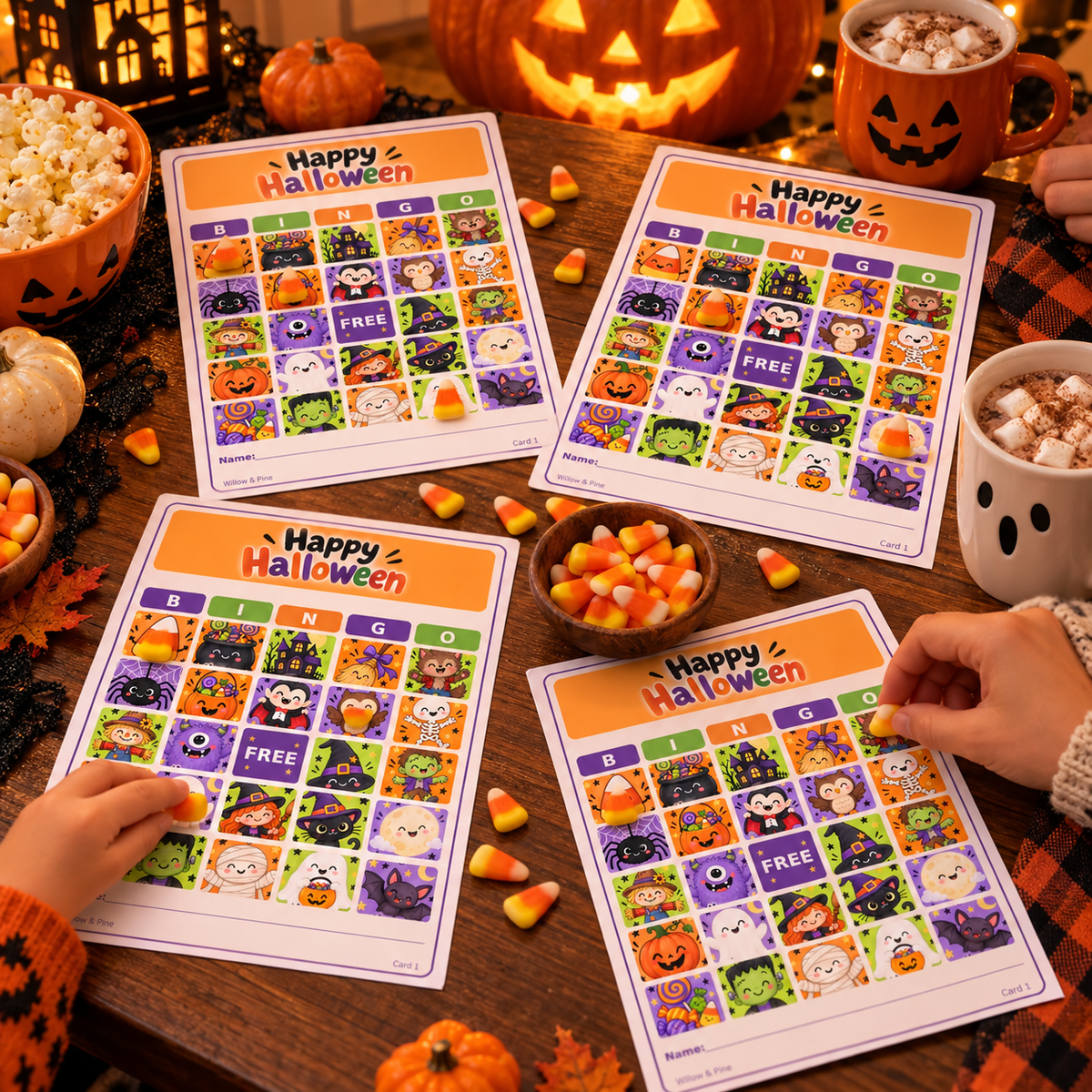 Four printable Halloween bingo cards on a family game night table with popcorn, candy corn markers and hot cocoa