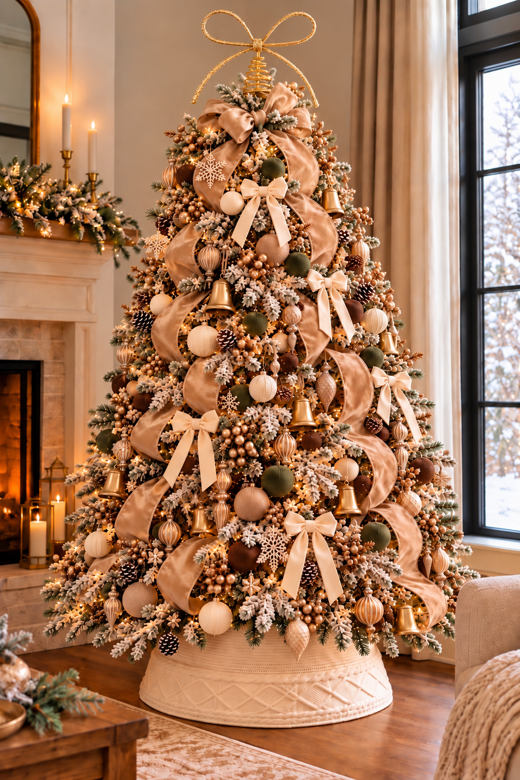 Neutral Christmas tree with gold bow tree topper, champagne ribbon and cream bows