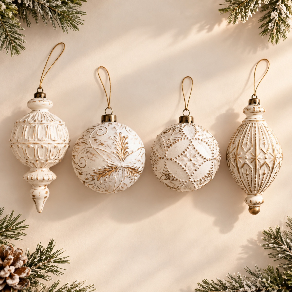 Set of 4 vintage white and gold Christmas ornaments: 2 balls and 2 finials