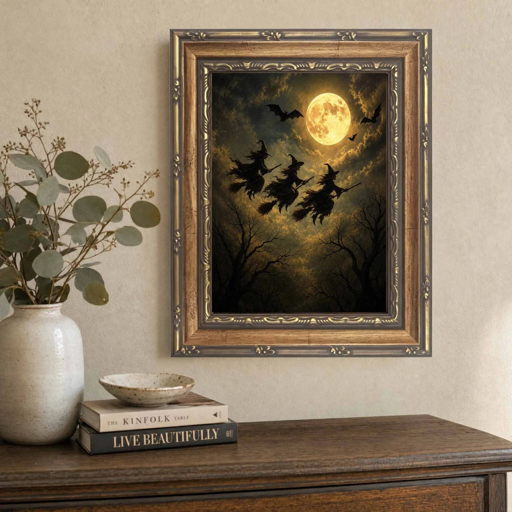 Gold Framed Vintage Witch Wall Art — Gothic Halloween Decor