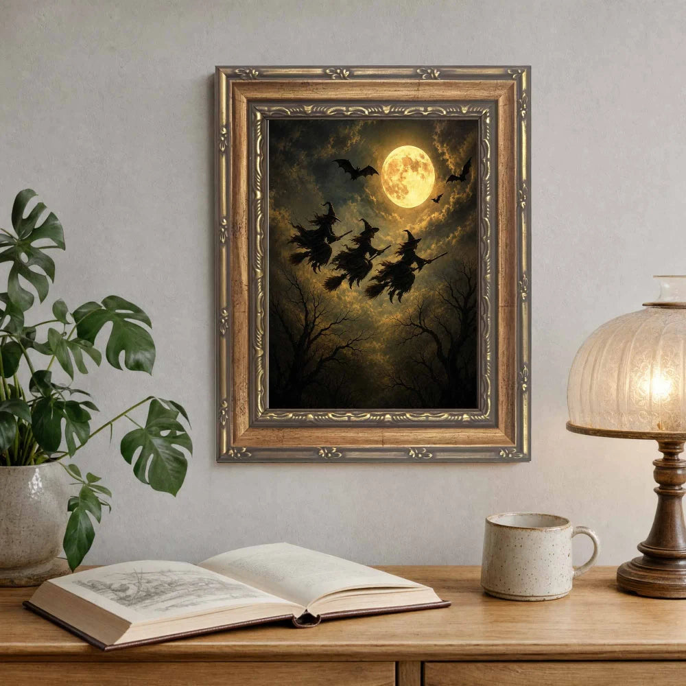 Gold Framed Vintage Witch Wall Art — Gothic Halloween Decor