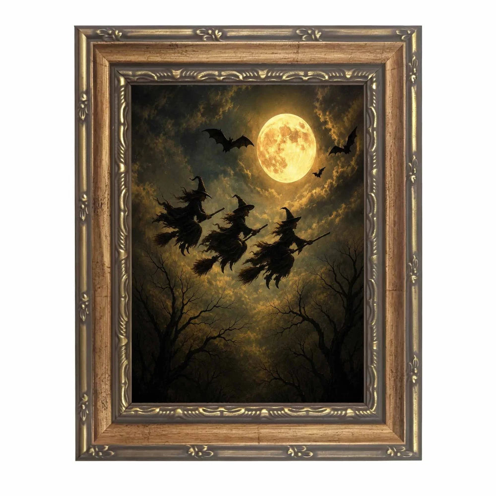 Gold Framed Vintage Witch Wall Art — Gothic Halloween Decor