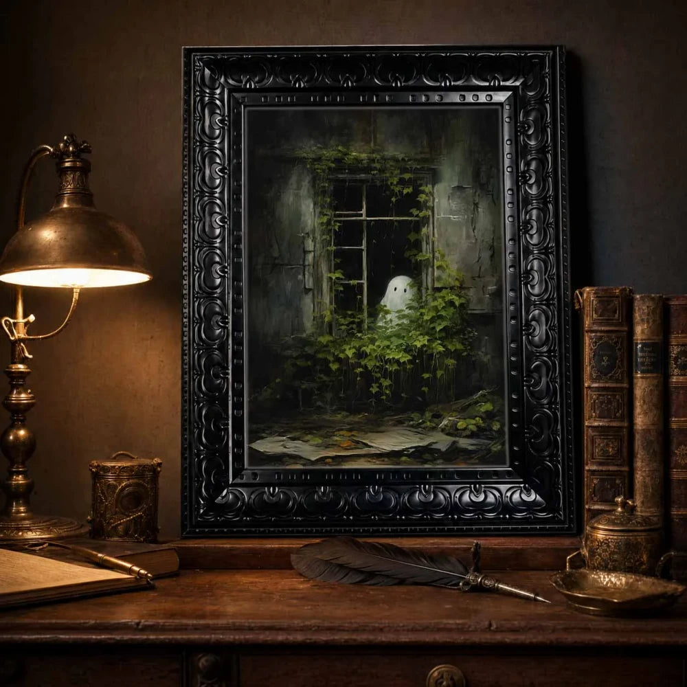 Vintage Ghost in Overgrown Window — Dark Gothic Wall Art