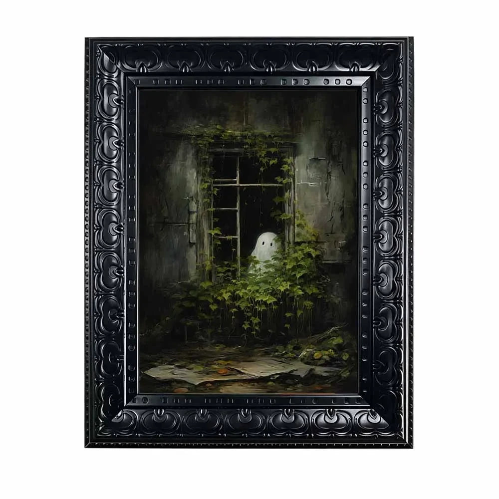Vintage Ghost in Overgrown Window — Dark Gothic Wall Art