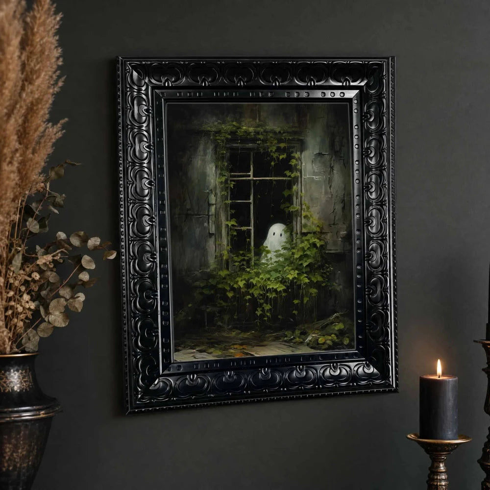 Vintage Ghost in Overgrown Window — Dark Gothic Wall Art