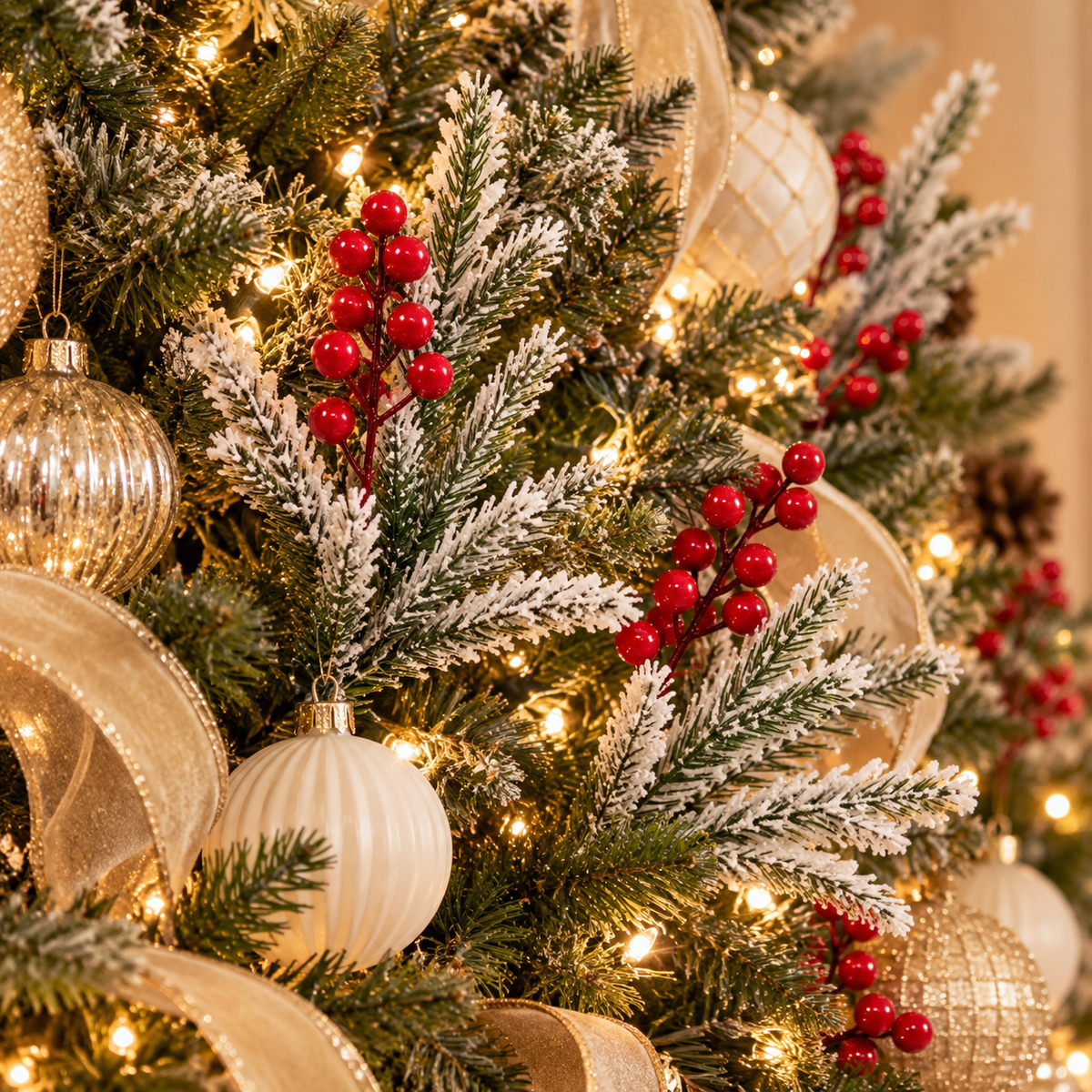 Frosted pine and red berry stems tucked into a lit Christmas tree with cream and gold ornaments